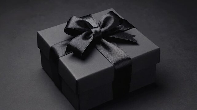 A black gift box with a black satin ribbon and bow sits on a dark surface