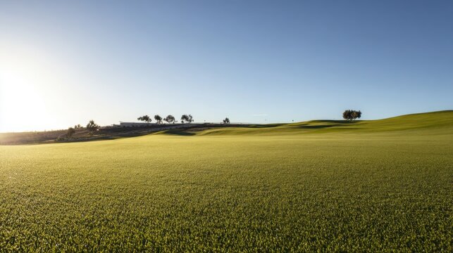 fairway. Vast green golf course under bright sunlight, capturing the tranquility of open landscapes. travel magazines, destination branding, designed for outdoor magazines and nature guides.