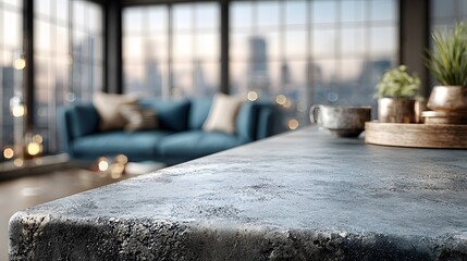 Obraz premium Close-up of a textured concrete tabletop, with a stylishly blurred living room in the background featuring a comfortable blue sofa and city views.