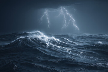 A powerful thunderstorm over the ocean with lightning striking across the sky, rough waves crashing dramatically against the horizon.