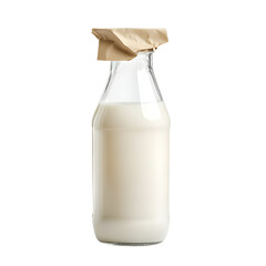 Fresh Milk in Glass Bottle with Paper Lid on White Background for Dairy Products Advertising Campaign