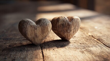 woodwork. Two wooden heart carvings on a rustic table with soft sunlight and delicate shadows. lifestyle magazines, social media lookbooks, designed for influencer and brand collaborations.
