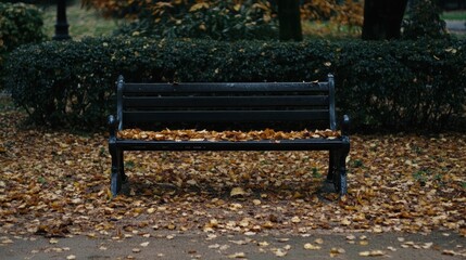 Park bench covered in autumn leaves