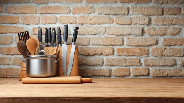 Stylish kitchen countertop with assorted cooking utensils, knife block, and cookware against a rustic brick wall, creating a warm and inviting atmosphere for culinary enthusiasts