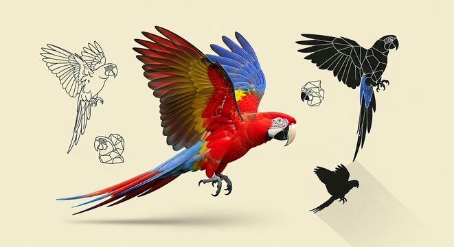 Colorful parrot in flight with design variations