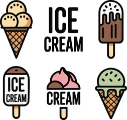 Colorful Ice Cream Cones, Popsicle's and Sundae Clip art Set. Flat Ice Cream Vector Icons for Summer Food Graphics.