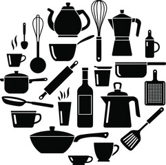 Black kitchenware and drinkware arranged in a circular pattern