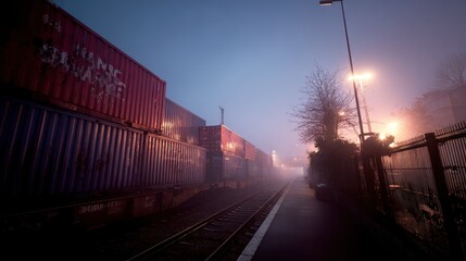Misty Train Station with Colorful Shipping Containers at Dawn