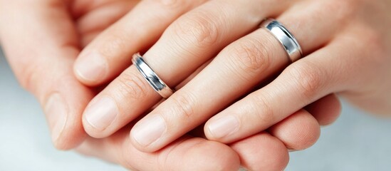 Close-up of two hands gently clasped together, showcasing simple silver bands on the ring fingers, symbolizing commitment and unity