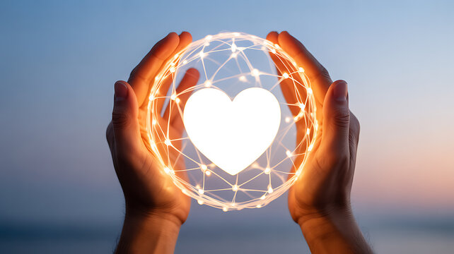 Hands holding a glowing heart-shaped network against a twilight sky