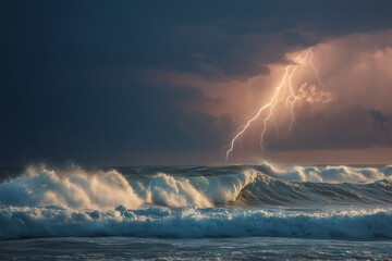 A powerful thunderstorm over the ocean with lightning striking across the sky, rough waves crashing dramatically against the horizon.