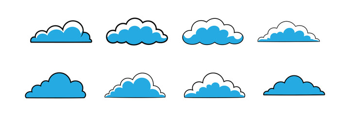 Collection of eight stylized blue clouds with white outlines, isolated on a white background