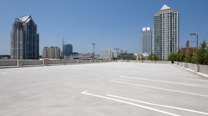 Rooftop Parking Lot with Urban Skyline and Modern Buildings Under Clear Blue Sky in Daylight