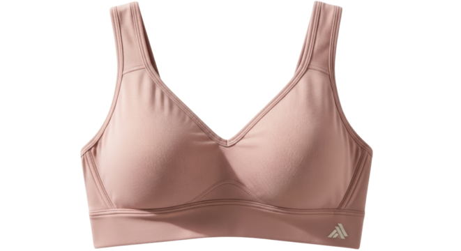 Isolated soft pink sports bra featuring a v-neck design and a comfortable, supportive fit