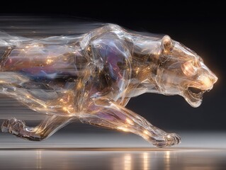 Dynamic glass panther running in motion studio environment high-speed illumination artistic perspective