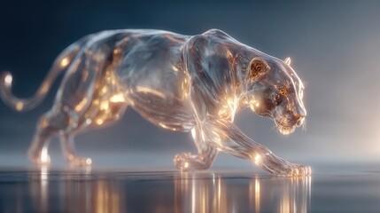 Dynamic transparent panther sculpture studio setting 3d art futuristic environment side view artistic concept