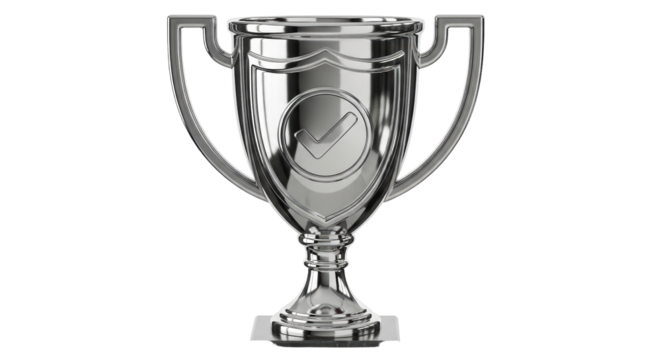 Isolated trophy with checkmark symbol gleaming in silver as a concept of success and achievement