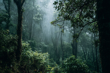 A forest scene during heavy rainfall, mist rising among the trees, wet leaves glistening, creating a mysterious and atmospheric environment.
