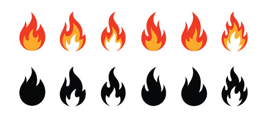 Collection of stylized fire icons in red, orange, and yellow, and black silhouettes, isolated on white background