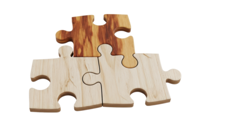 Isolated wooden jigsaw puzzle pieces, connected together, collaboration teamwork concept