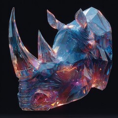 Intricate crystal rhinoceros sculpture contemporary art exhibit gallery setting vibrant color palette artistic perspective
