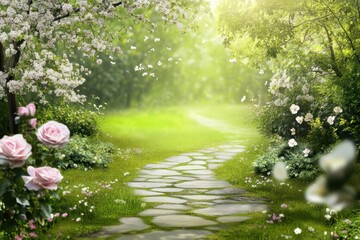 Naklejka premium Serenity found along a lush garden path surrounded by blooming flowers and greenery