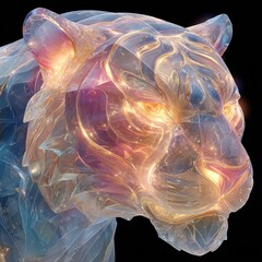 Dynamic crystal tiger sculpture art installation gallery illuminated environment close-up view creative concept