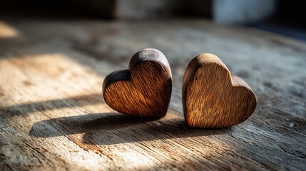 woodwork. Two wooden heart carvings on a rustic table with soft sunlight and delicate shadows. lifestyle magazines, social media lookbooks, designed for influencer and brand collaborations.