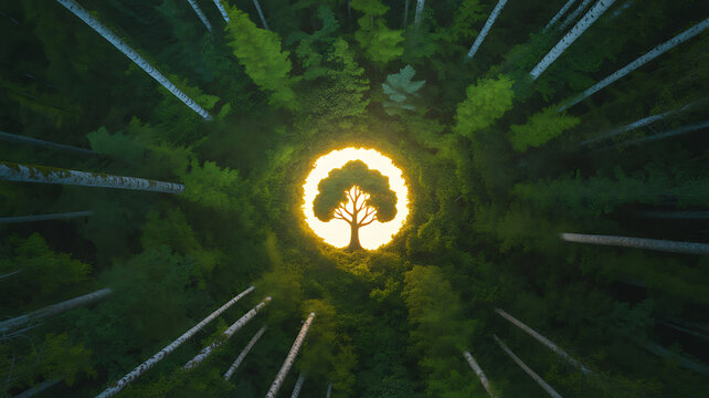 Aerial view of a forest canopy with sunlight forming a glowing tree silhouette at the center