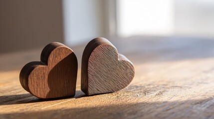 woodwork. Two wooden heart carvings on a rustic table with soft sunlight and delicate shadows. lifestyle magazines, social media lookbooks, designed for influencer and brand collaborations.