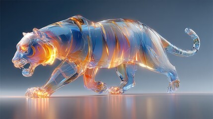 Dynamic glass tiger sculpture art gallery 3d rendering contemporary design close-up nature inspired