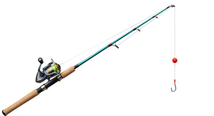 Isolated fishing pole with a cork handle, fishing line, red bobber, and fishing hook attached