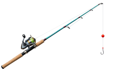 Isolated fishing pole with a cork handle, fishing line, red bobber, and fishing hook attached