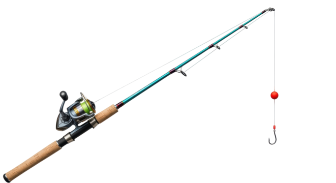 Isolated fishing pole with a cork handle, fishing line, red bobber, and fishing hook attached