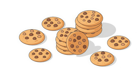 Delicious chocolate chip cookies scattered and stacked isolated on white background
