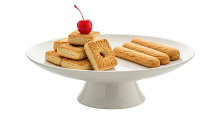Isolated shortbread cookies and ladyfingers displayed on a white serving tray for a dessert