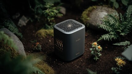 Modern Air Purifier in Lush Forest Setting with Natural Elements