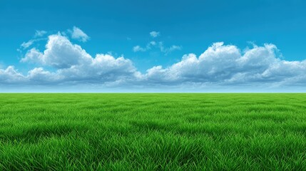 Fototapeta premium Expansive Green Field Under Bright Blue Sky with Fluffy White Clouds, Perfect for Nature, Landscape, and Outdoor Themes in Stock Photography