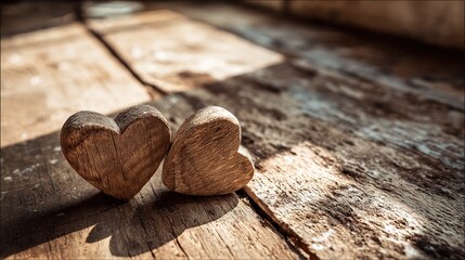 woodwork. Two wooden heart carvings on a rustic table with soft sunlight and delicate shadows. lifestyle magazines, social media lookbooks, designed for influencer and brand collaborations.