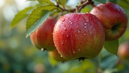 Close-up view of two plump, ripe apples covered in water droplets, hanging on a branch amongst fresh green leaves, showcasing a vibrant red hue and a natural, healthy glow.