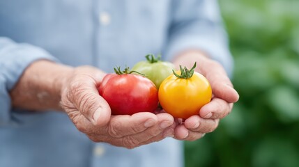 Senior man holding fresh, ripe tomatoes in hands, showcasing vibrant colors of red, yellow, and green, surrounded by lush garden foliage, emphasizing organic gardening and harvest