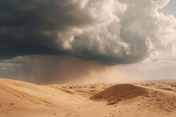 A desert landscape with rare rainfall, storm clouds casting shadows over sand dunes, creating a dramatic and contrasting natural scene.