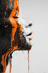 3d face design with dripping paint in orange and black theme on white background minimalist digital art