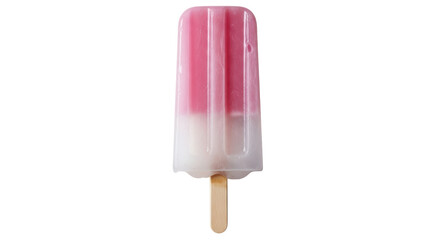 Isolated pink and white popsicle melting on a light-brown wooden stick; sweet refreshing snack