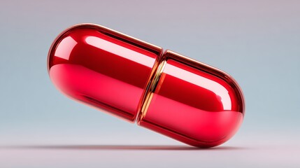 Vibrant red capsule floating against a soft gradient background, showcasing its glossy surface and smooth contours, representing health, wellness, and pharmaceutical innovation in modern medicine
