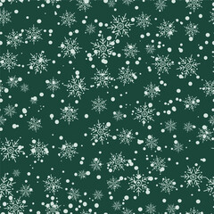 A versatile vector seamless pattern. This festive design features white snowflakes on a rich coniferous green background, creating a cozy and eye-catching texture perfect for any holiday project.