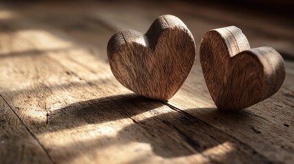 woodwork. Two wooden heart carvings on a rustic table with soft sunlight and delicate shadows. lifestyle magazines, social media lookbooks, designed for influencer and brand collaborations.