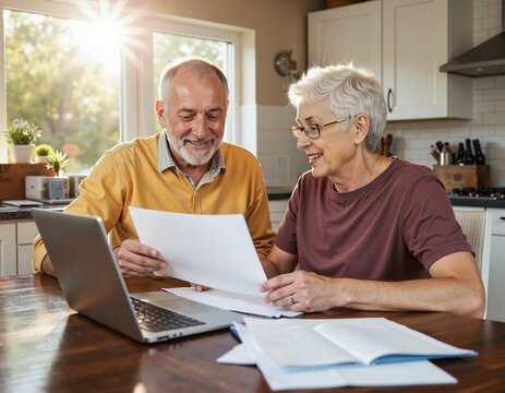 Happy seniors engaged in home office work reviewing documents at bright kitchen table