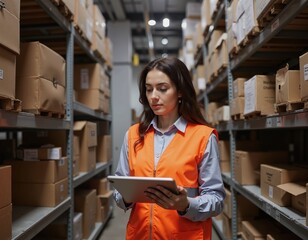 Efficient warehouse management: woman in orange vest using tablet for inventory control and logistics