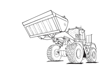 Detailed black and white outline drawing of a heavy-duty wheel loader. Ideal for construction, industrial themes, or coloring books.